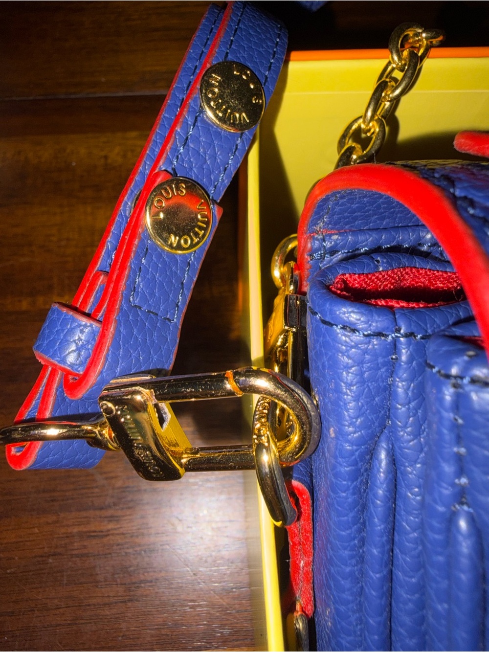 Louis Vuitton Blue Embossed Leather Shoulder Bag with Red Trim and Gold Hardware - Picture 3 of 6